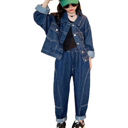 [Mouhokyo] Girls' 2-piece set, children's clothing, set up, kids top and bottom set (denim jacket + denim pants), spring and autumn, girls, juniors, tops + bottoms set