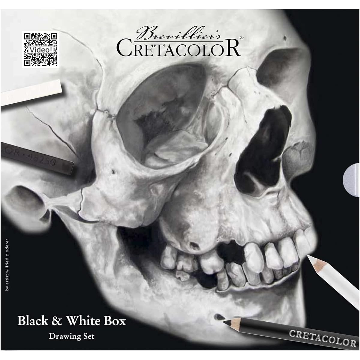 skull edition black and white drawing tin set by cretacolor includes 25 pieces of drawing materials featured in a sturdy metal tin