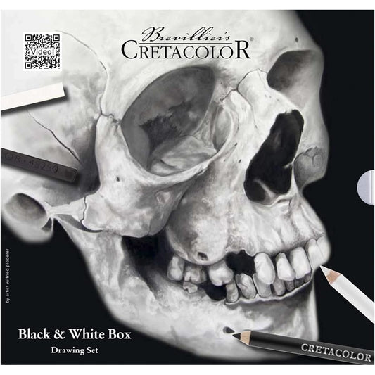 skull edition black and white drawing tin set by cretacolor includes 25 pieces of drawing materials featured in a sturdy metal tin