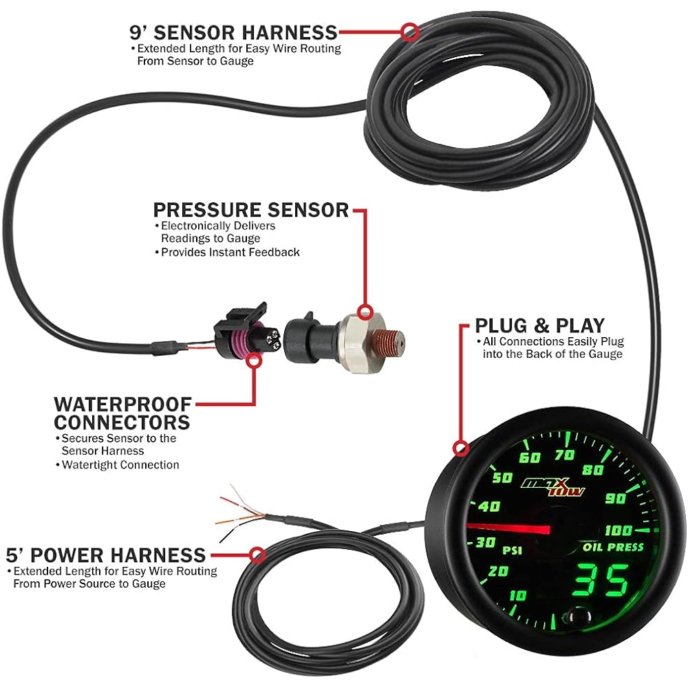 MAXTOW Double Vision 100 PSI Oil Pressure Gauge Kit -With Electronic Sensor -With Black Gauge Face -Green LED Lumine Dial -Analog & Digital Read -For Trucks -2-1/16 inches 52mm