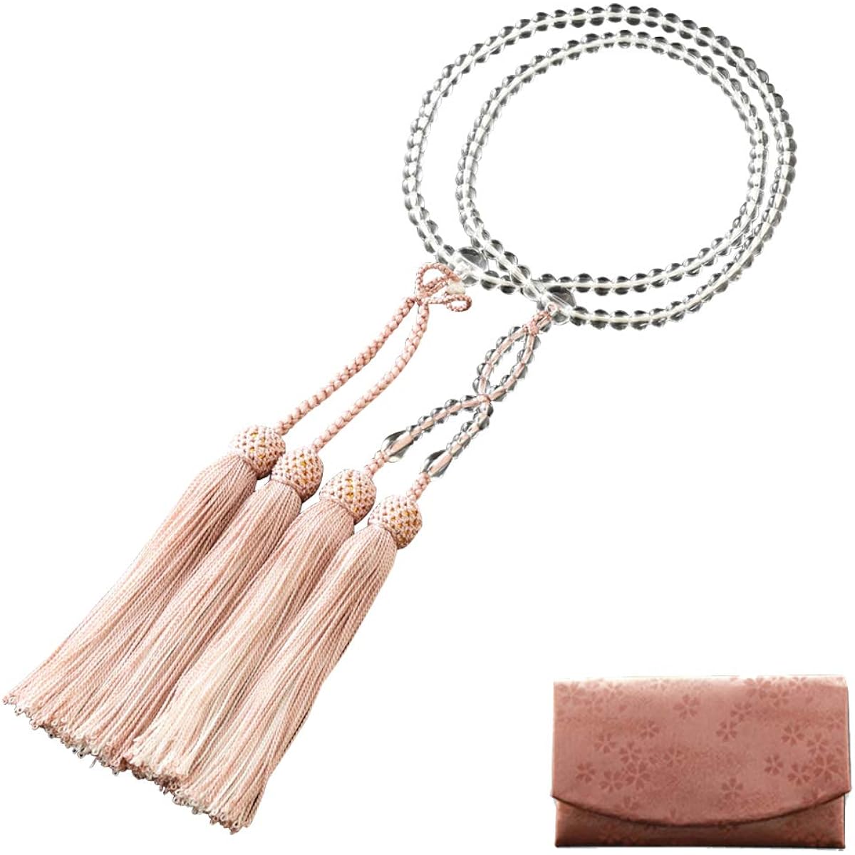 Kyoto Buddhist Altar Hayashi Prayer Beads Jodo Shinshu Eight Size Genuine Crystal Two-Color Bunch (Grey Cherry White) (For Women) Official Ceremony [Bead Bag Set] SW-073 Kyoto Prayer Beads