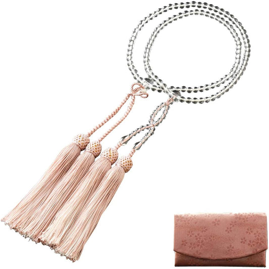 Kyoto Buddhist Altar Hayashi Prayer Beads Jodo Shinshu Eight Size Genuine Crystal Two-Color Bunch (Grey Cherry White) (For Women) Official Ceremony [Bead Bag Set] SW-073 Kyoto Prayer Beads