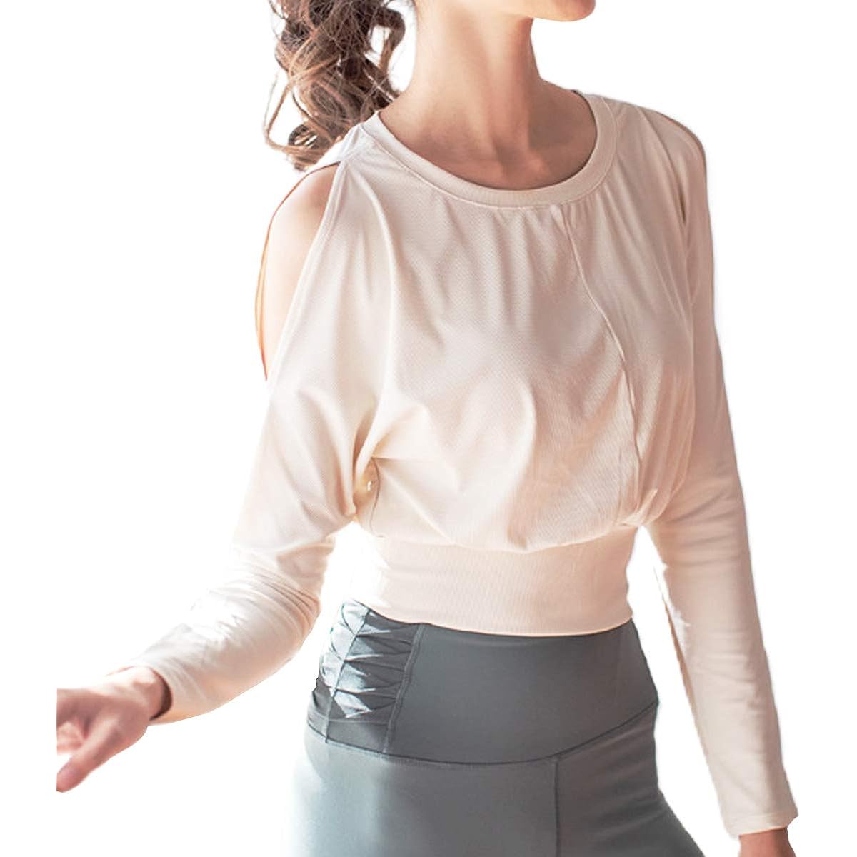 [VeroMan] Women's Yoga Wear Tops Long Sleeve Open Shoulder Stylish Short Length ppi-opensholder