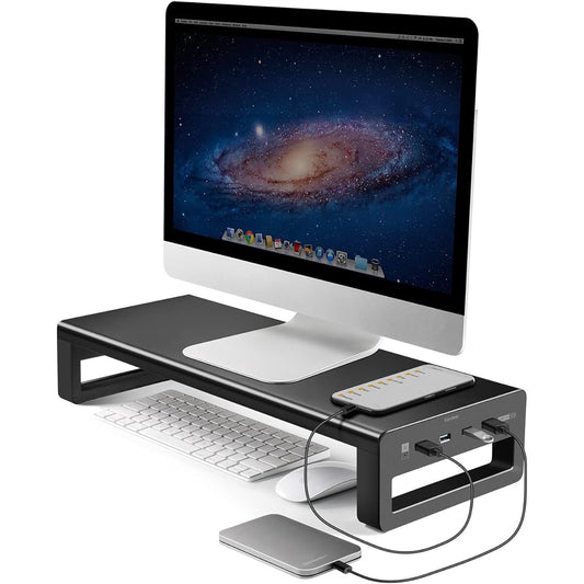 VAYDEER Monitor Stand USB 3.0 Display Stand PC Monitor Stand Computer Stand Desktop Tabletop High Speed Data Transfer Keyboard Storage Printer Stand Aluminum Black Width 54cm