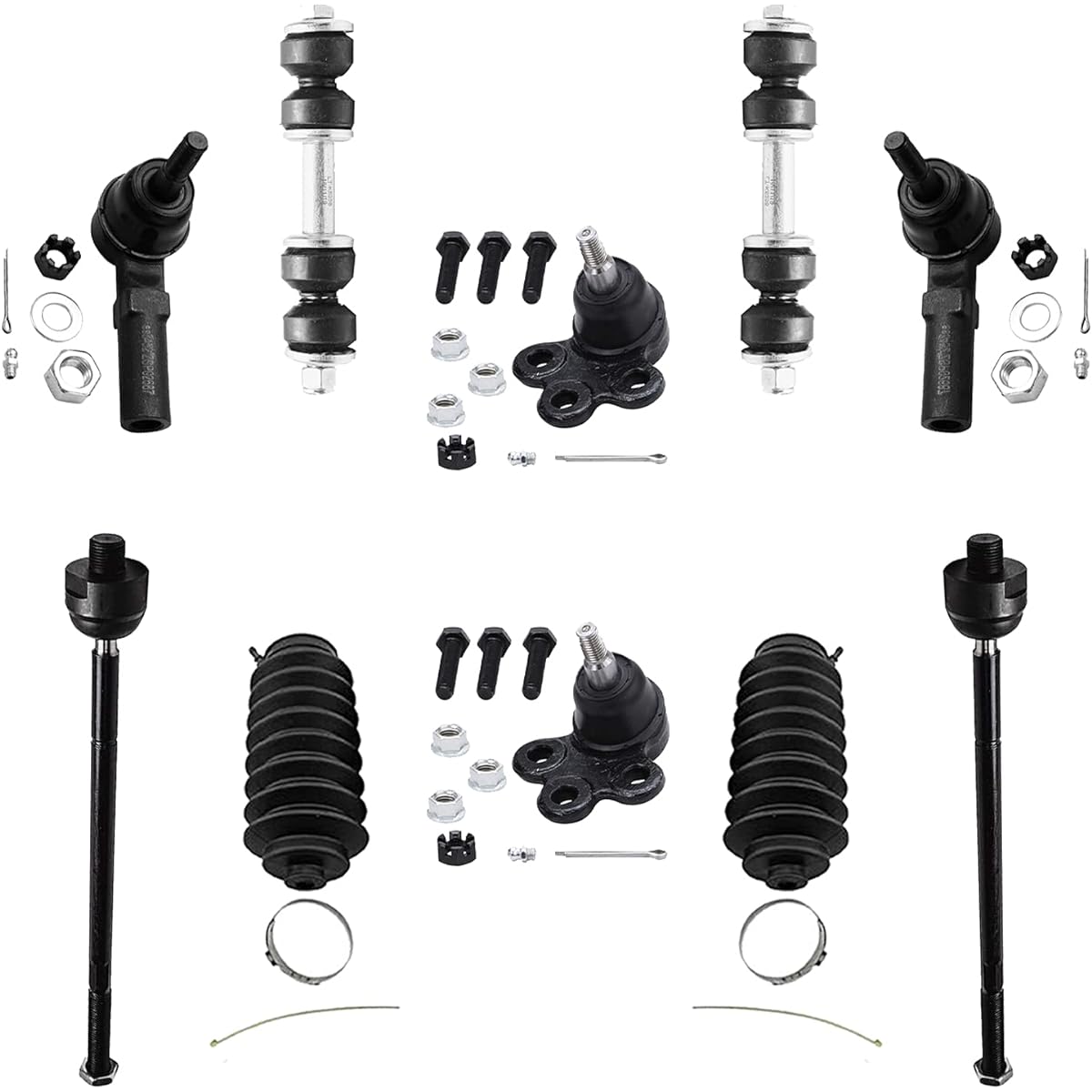 Detroit vehicle axis -Complete 10 -point front suspension kit -2 front ball joints, 4 inner & outer tie rod ends, 2 front swabers, 2 tie rod boots.