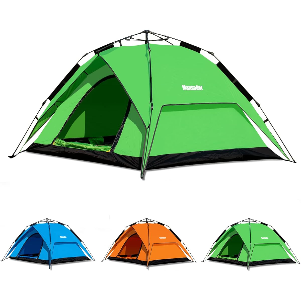 MANSADER Tent for 4 People, One Touch Tent for 3 to 4 People, 2WAY Tent, Double Layer, Easy to Set Up, UV Protection, One Touch, Camping, Outdoor, Windproof, Disaster Prevention, Water Pressure Resistance 3000mm