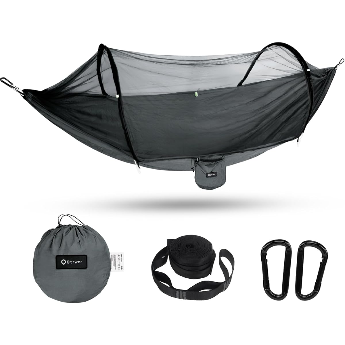 BTRWOR Hammock with Mosquito Net Lightweight Portable Nylon 260x140cm Load Capacity 300kg Automatic Mosquito Net Setting Suitable for Camping, Indoor and Outdoor (Army Green)