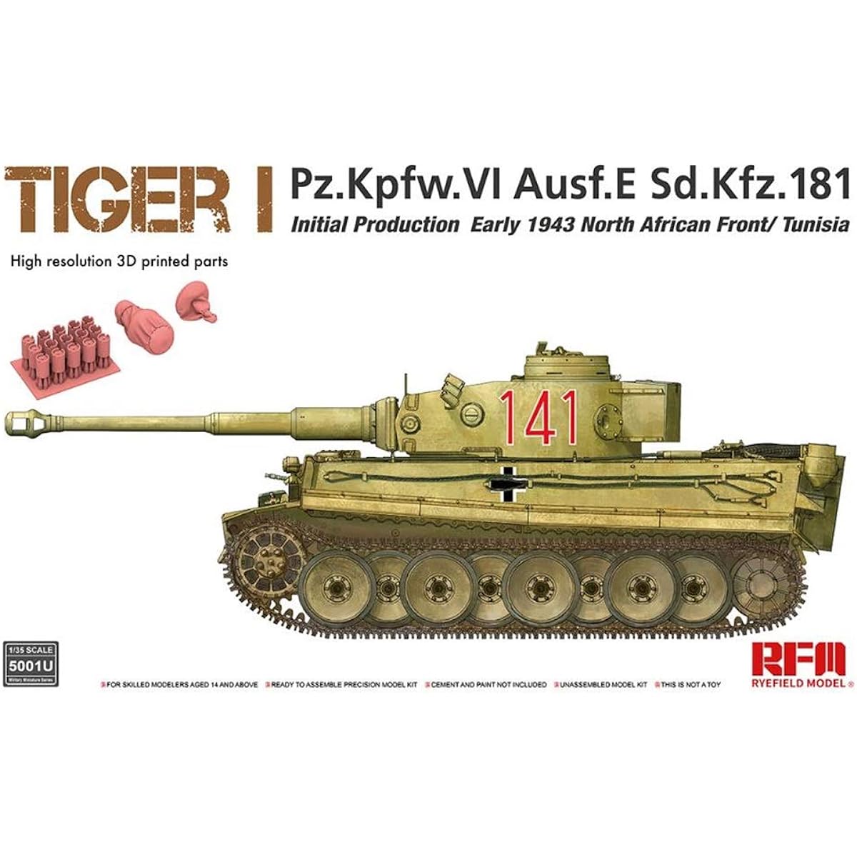 Ryfield Model 1/35 German Army Tiger 1 Heavy Tank Very Early Type Early 1943 Plastic Model RFM5001U