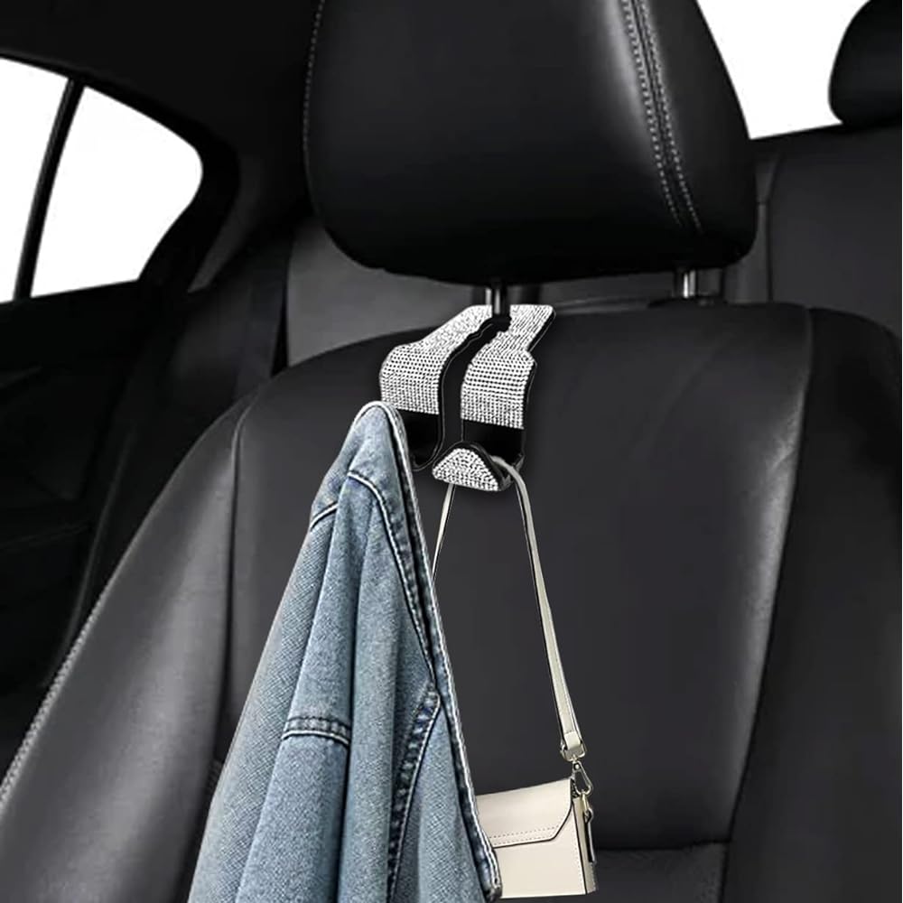 SEAMETAL Bling Car Seat Hook Front Seat Auto Hook Bling Car Hanger Glitter Car Hanger for Back Seat (Silver 2 in 1)
