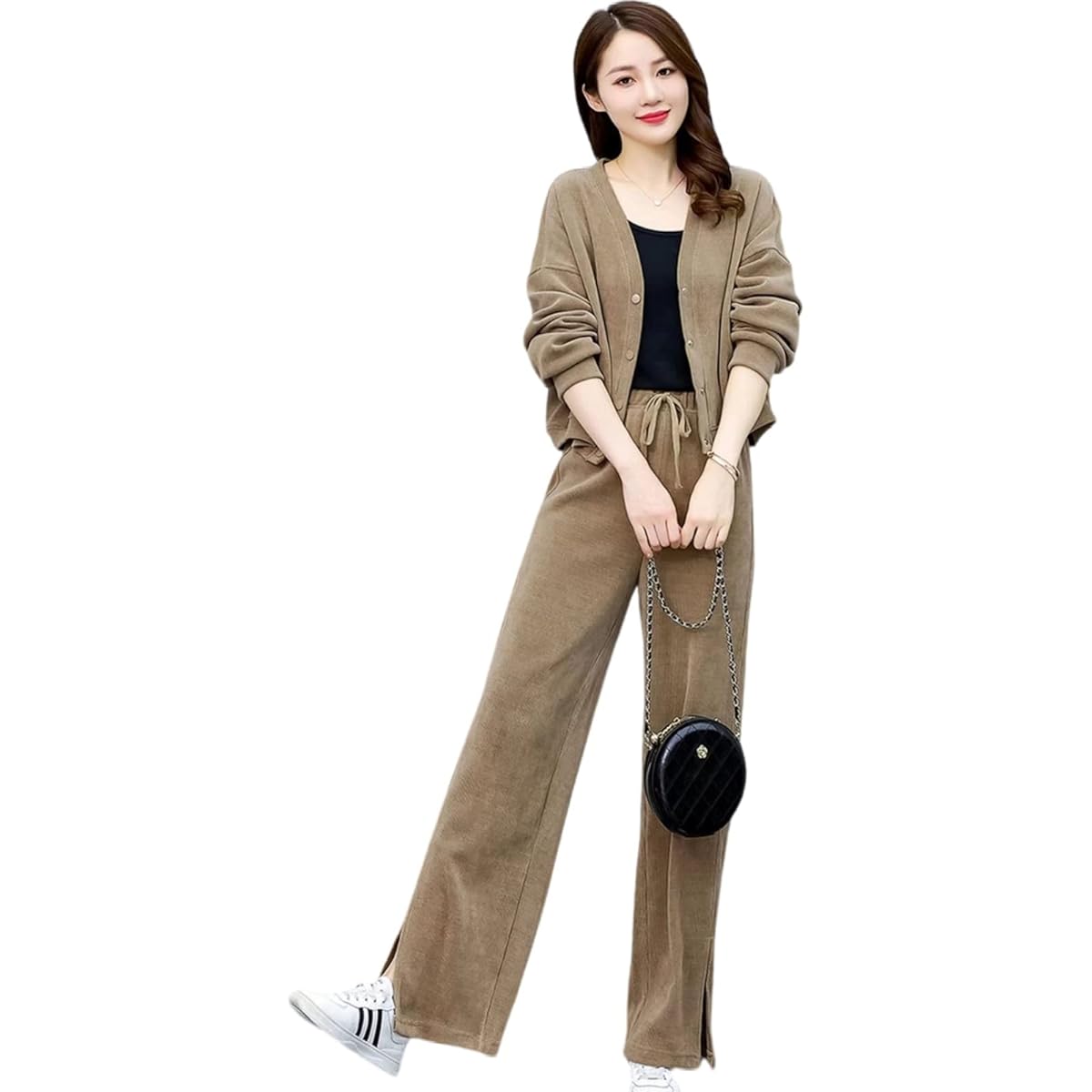 [YY-Natuhi] Setup 2 Pieces Knit Women's Coat Long Pants Slit Cut and Sew Loose Large Size Spring Autumn Winter V Neck Adult Beautiful Legs Plain Office Commuting Lounge Wear Sports