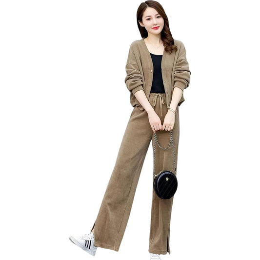 [YY-Natuhi] Setup 2 Pieces Knit Women's Coat Long Pants Slit Cut and Sew Loose Large Size Spring Autumn Winter V Neck Adult Beautiful Legs Plain Office Commuting Lounge Wear Sports