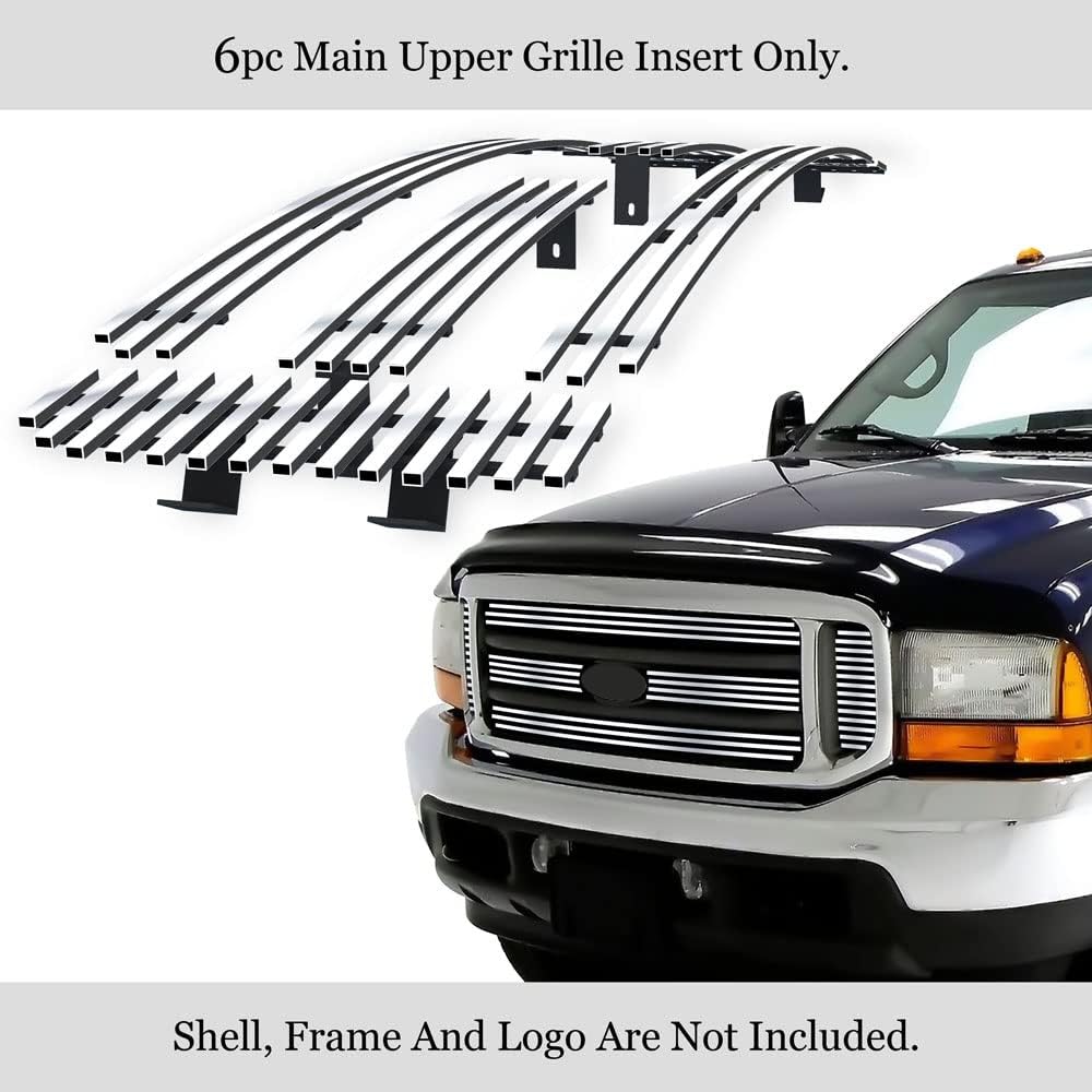 APS Ford Exclined Bar Style 2000-2004 & 99-04 F-250 F350 F450 F550 SD Main Upper Steel Steel Polish Clome 8X6 Horizontal Billet Grill Insert F85399A