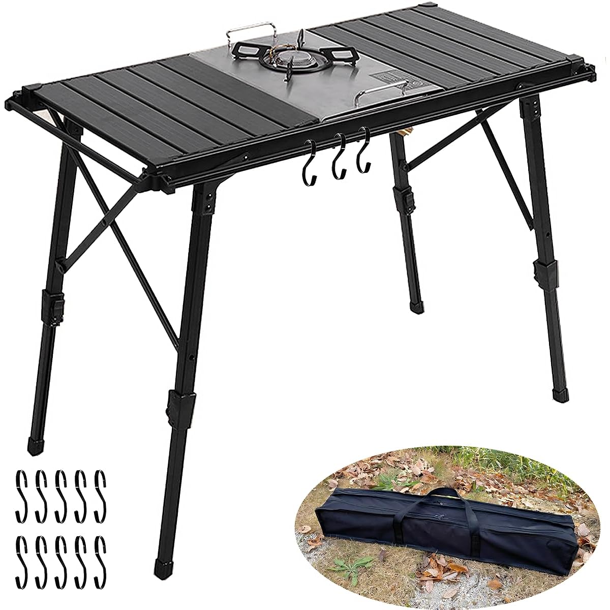 IGT Table, Outdoor Table, Camping Table, Foldable, Adjustable Height 43-64cm, Includes Side Rails for Hanging, Aluminum, Lightweight, 3 Units, Compact, Compatible with IGT, Bonfire Table, Multi-Kitchen Table, Barbecue, Storage Bag Included