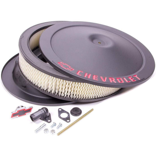 PROFORM 141-752 Black Crinkle Diameter 14 inch Air Cleaner Kit Red Chevrolet/Bow Thai Logo and 3 inch paper filter