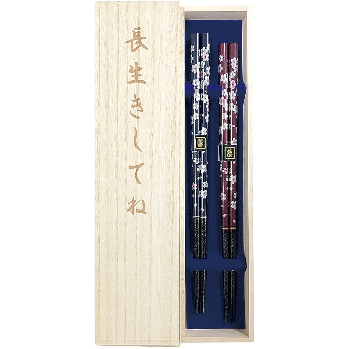 Couple chopsticks, dishwasher, Japanese flower flyer, navy blue, vermilion, with paulownia box and wrapping, grandpa, grandma, present, gift, parents, Respect for the Aged Day [49]