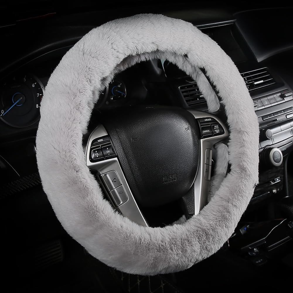 Fluffy handle cover Cute 3 -point 3 -point hand brake cover & gear shift cover with soft plash steering wheel cover ladies girls (silver gray)