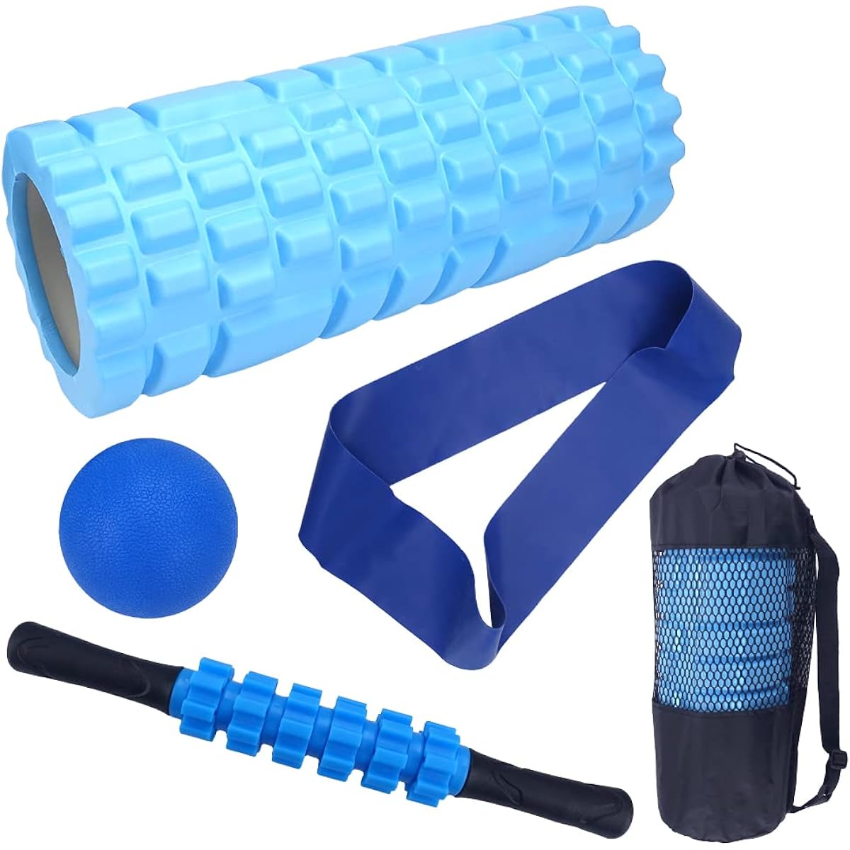Foam Roller Stretch Band Massage Ball Roller Storage Bag 5 Piece Set for Whole Body (Blue)