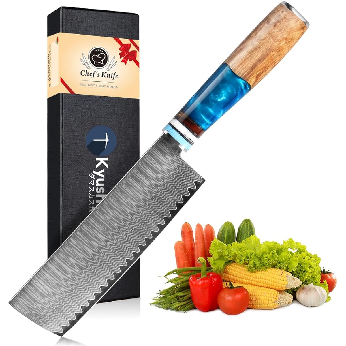 Kyushublade Vegetable Knife, Damascus Knife, Blade Length 6.7 inches (170 mm), Kitchen Utility Chef's Knife, Double-edged Chef's Knife, 67 Layers of High Carbon Stainless Steel, Unique Blue Resin +
