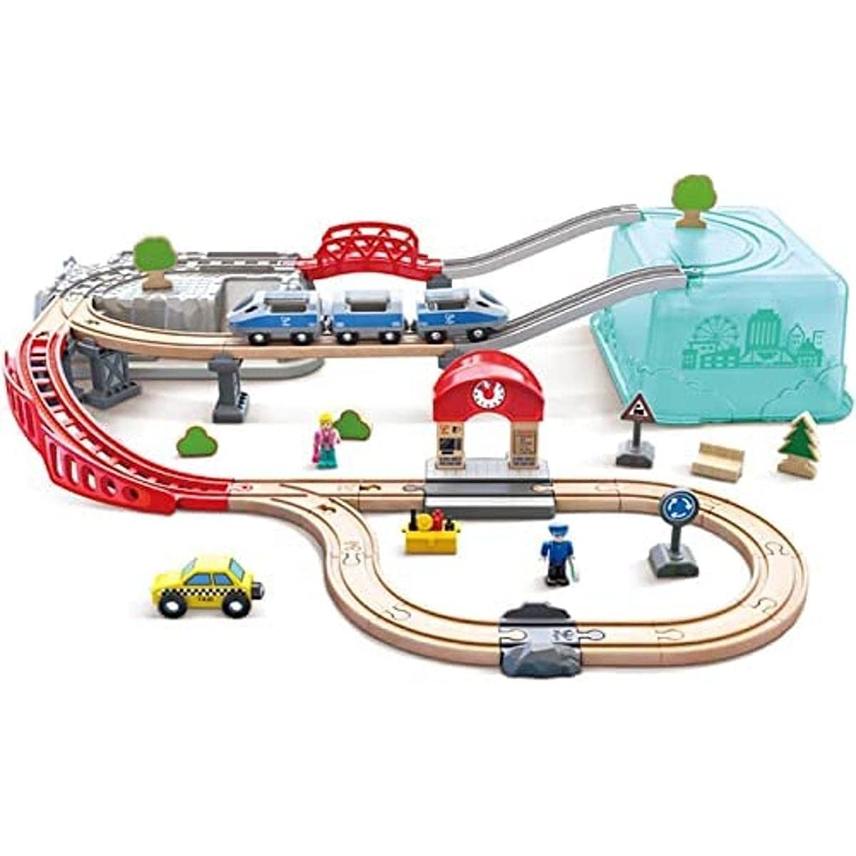 Hape E3771 Tidying Up City Rail Box Rail Set 75 x 87 x 14 cm Ages 3+ Wooden Educational Toy
