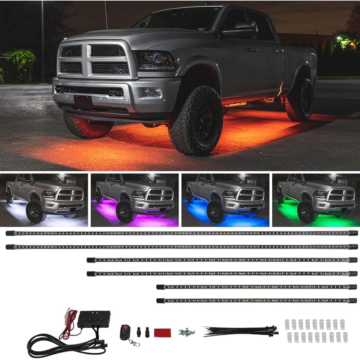 6pc Multi-Color Truck Slimline LED Underbody Underglow Accent Neon Lighting Kit - 7 Solid Colors - 18 Unique Patterns - Music Mode - Water Resistant Tubes - Includes Control Box & Remote