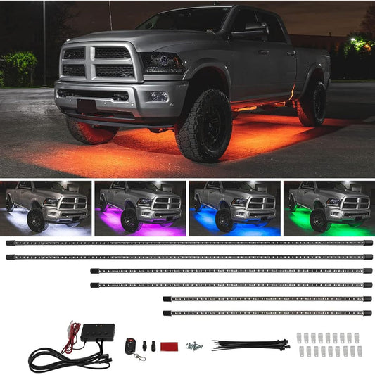 6pc Multi-Color Truck Slimline LED Underbody Underglow Accent Neon Lighting Kit - 7 Solid Colors - 18 Unique Patterns - Music Mode - Water Resistant Tubes - Includes Control Box & Remote