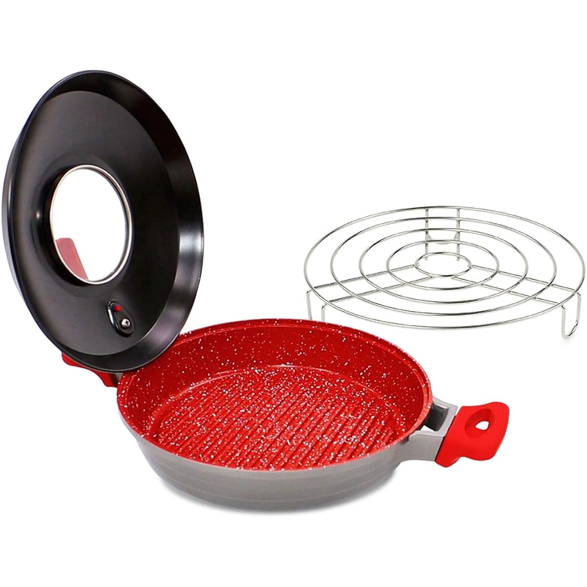 Flavor Stone Healthy Grill Frying Pan, Grill Pan with Lid, Grill, Fish, Meat, Steak, Non-Stick, Gas Stove Compatible, Gas Stove IH Compatible, IH