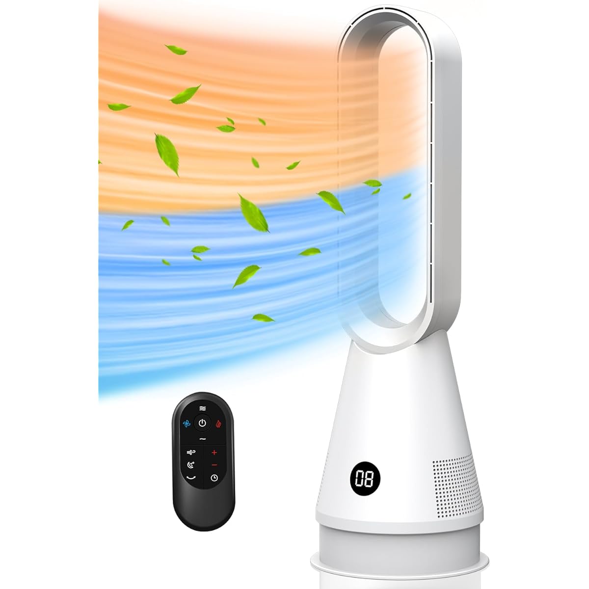 Electric fan, tower fan, for both cooling and heating [8-stage ventilation/3-stage heater/air purification] Bladeless fan, DC motor with HEPA filter, energy saving, remote control included