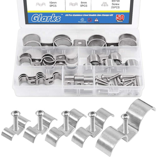 Glarks 50 Pieces 5/16" 3/8" 1/2" 5/8" 1" Stainless Steel Double Line Clamps Fuel Line Clips with Mounting Screws Assortment Kit for Brake/Fuel Lines/Tubing