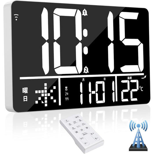 Blueekin Digital Clock WiFi Automatic Time Adjustment Radio Wave Large 13 Inch 4 Level Dimming 2 Sets Alarm 25 Types Music Bell 4 Level Volume Adjustment Digital Calendar Snooze Timer Voice Announcement Can Be Used as a Stand 12H/24H Time Display Tempera