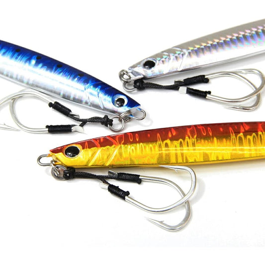 Three types of metal jigs with different sizes and colors that are useful in all situations of fishing tackle offshore jigging Three Musketeers Offshore Model (ori-780346)