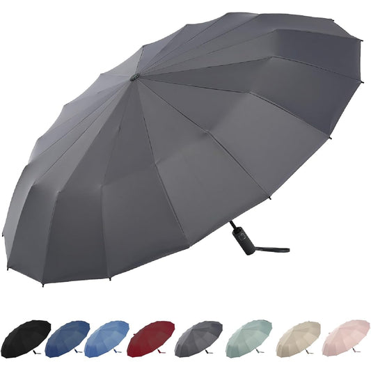 16 Rib Folding Umbrella, One-Touch, Automatic Open/Close, Windproof, Super Water Repellent, Men's, Sun or Rain Parasol, UV Protection, Large Size