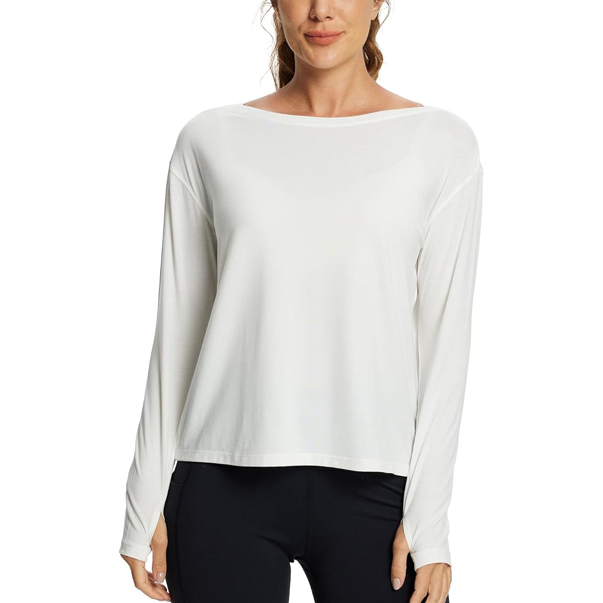 [Ballif] Yoga Wear, Long Sleeve, Women's Top, Autumn/Winter, Boat Neck T-Shirt, Training, Gym, Sportswear, Long Sleeve T-Shirt, Long T-Shirt with Thumbholes, Quick Drying, Sweat Absorbent, Breathable, Lightweight