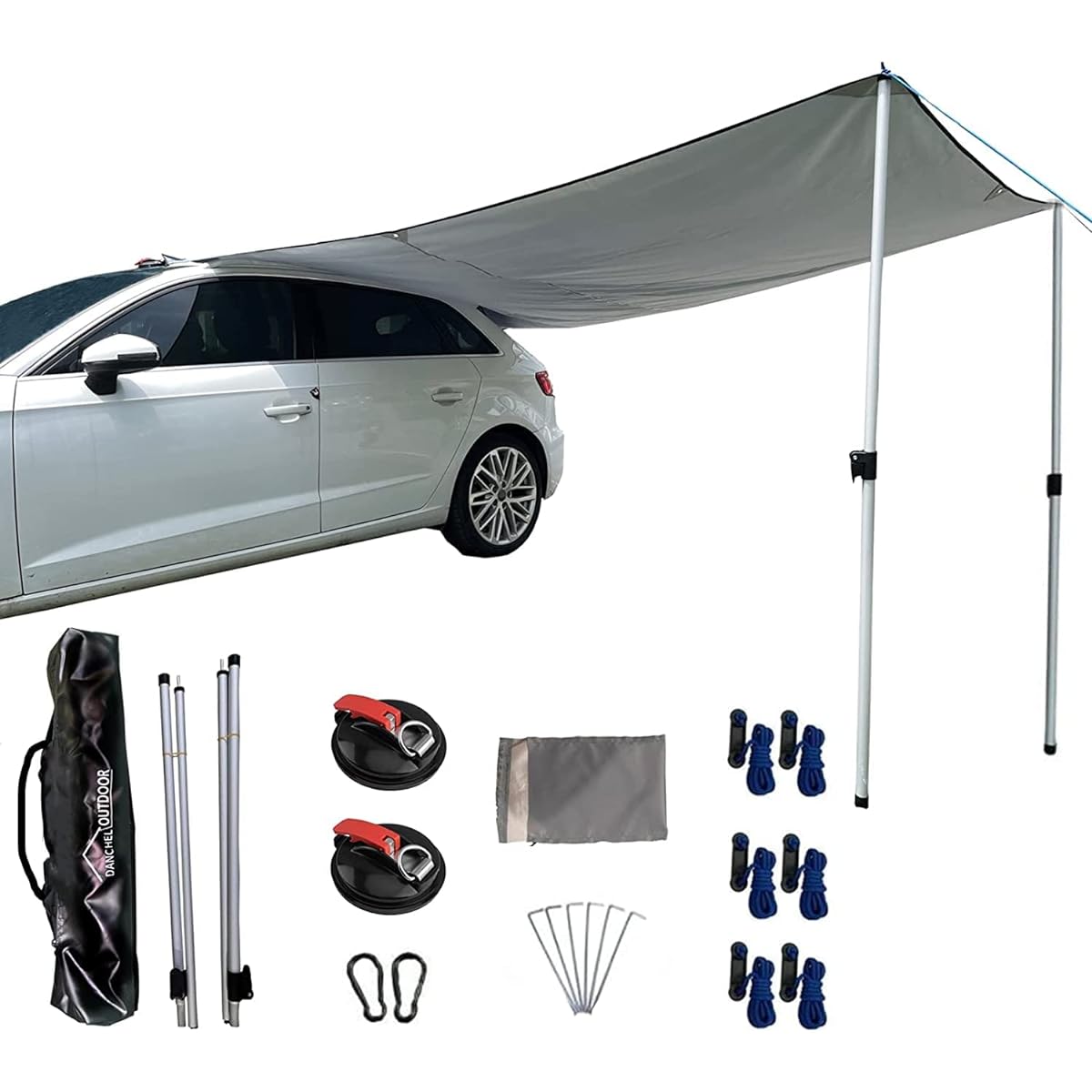 D&R [Easy to set up car side awning with suction cup hook] With pole, sunscreen, waterproof tarp, side awning for cars, silver coating, for 1 to 4 people, solo, 4 seasons, wide, car roof drive, all models, outdoor, convenient to carry, 2m x 3m