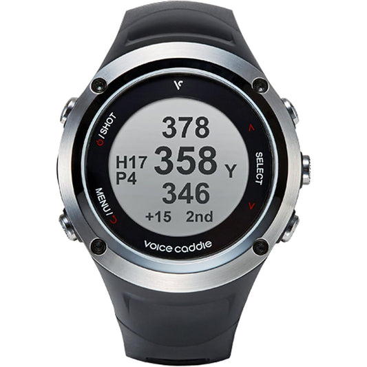 voice caddy Voice caddy T2A Black wristwatch type GPS golf navigation T2A Clock mode operating time: Approximately 30 days Materials: Body/Polycarbonate, Top ring/Stainless steel, Band/Silicon