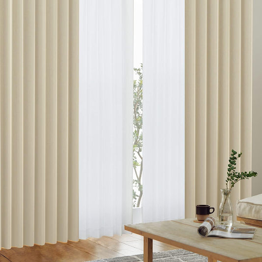 "K-wave-D-plain" set for disaster prevention, made in Japan, flame retardant, with labels [40 colors x 140 sizes], 1st grade blackout curtain set, thermal insulation, width 100 x length 200 cm, set of 4 (2 thick fabrics, lace) 2 pieces) Ecru/Lace: White