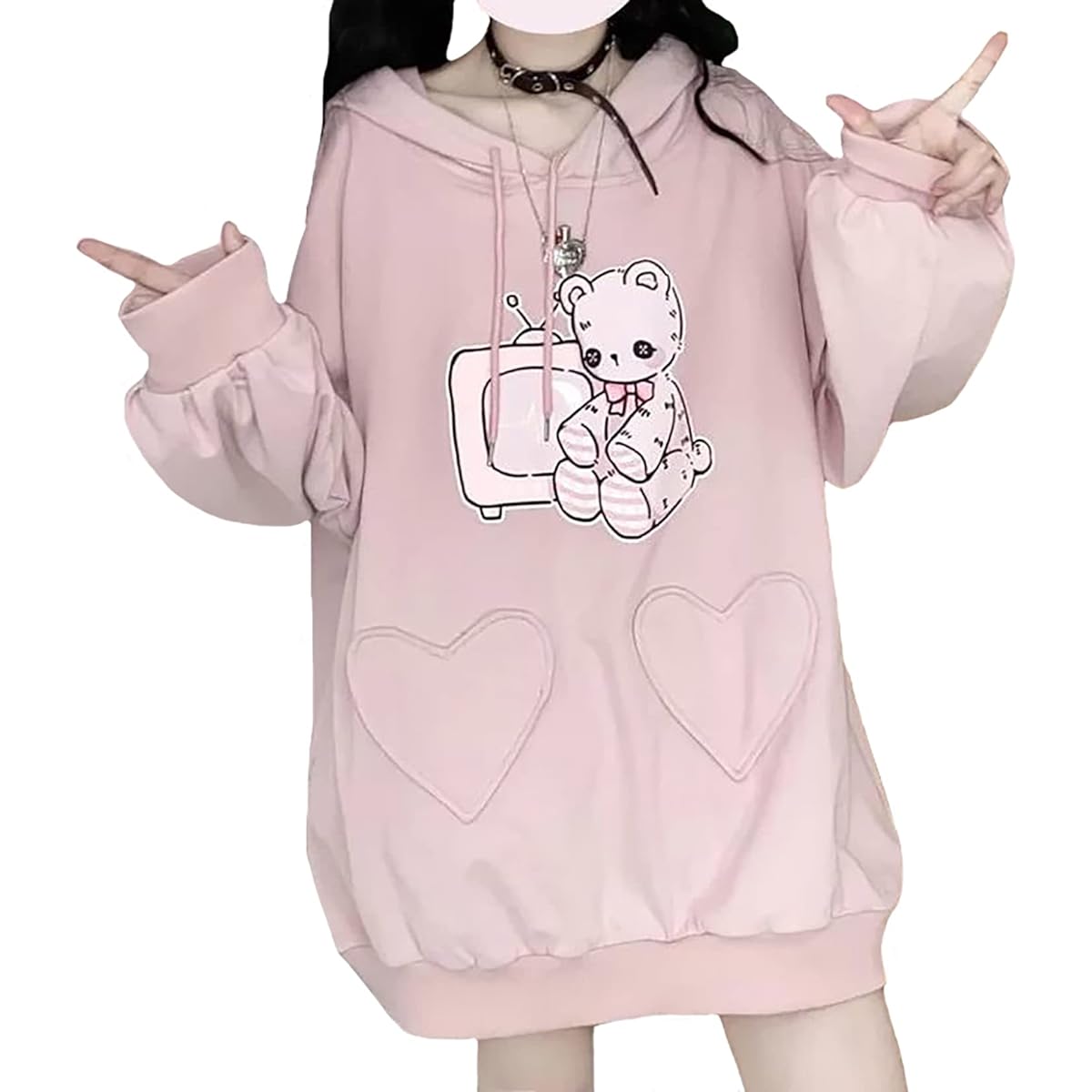[TOWYYO] Cute Bear Pattern Heart Parka for Women, Students, Cute Girls, Long Sleeve, Hooded, Loose, Large Size, Mine Sweat Tops, Spring, Autumn