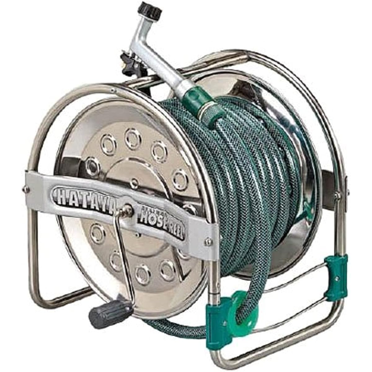 HATAYA Hose Reel for Watering, 20m Winding, Includes Wire Algae Prevention Hose, Made of Stainless Steel, Drum Down Winding Type, Large Handle Included, Lever Nozzle Included, Stainless Steel Hose Reel (Popular Type) SSD-20