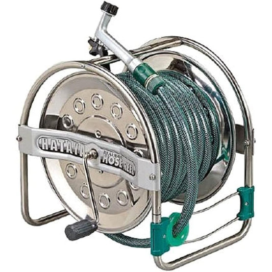 HATAYA Hose Reel for Watering, 20m Winding, Includes Wire Algae Prevention Hose, Made of Stainless Steel, Drum Down Winding Type, Large Handle Included, Lever Nozzle Included, Stainless Steel Hose Reel (Popular Type) SSD-20