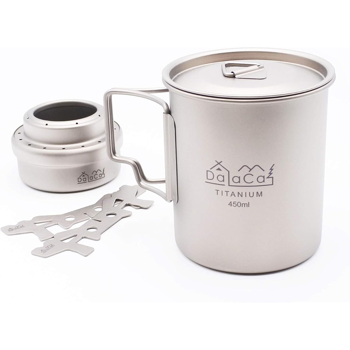 DaLaCa Titanium Mug 450ml Open Fire OK Single Titanium Mug Alcohol Stove with Trivet Stacking Set
