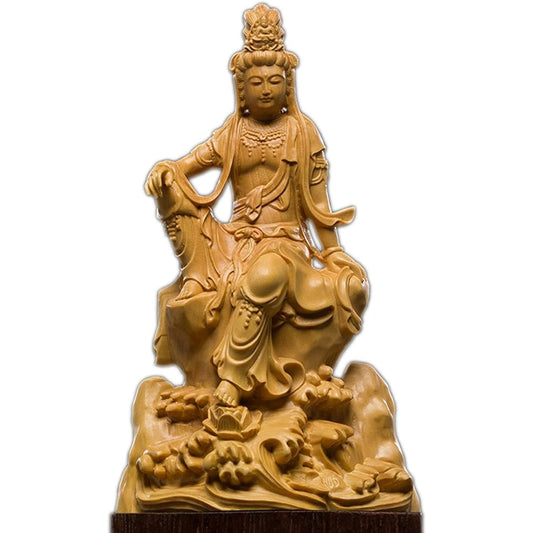 [Kano] Kannon Bodhisattva Seated Statue, High Quality Natural Boxwood Wood Carving, Wooden Buddha Statue, Buddhist Artwork, Yellow Yang, Tsuge, Kannon Statue Sculpture, Kanzeon Bodhisattva, Kannon Bodhisattva, Exclusive Presentation Box, Care Guide Inclu
