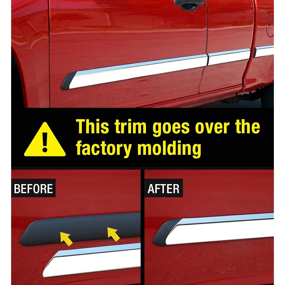 Made in the United States. 2014-2018 Chevrolet/GMC Silverado/Sierra Crew Crew Cab Body Side Molding Trim 1 1/8 inch 4 points overlay