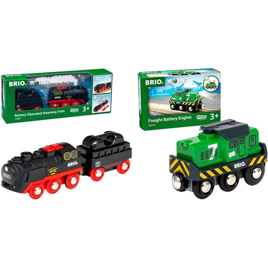 BRIO Battery Power Steam Train Wooden Rail Electric Vehicle Locomotive 33884 & Battery Power Freight Transport Engine 33214 [Set Purchase]