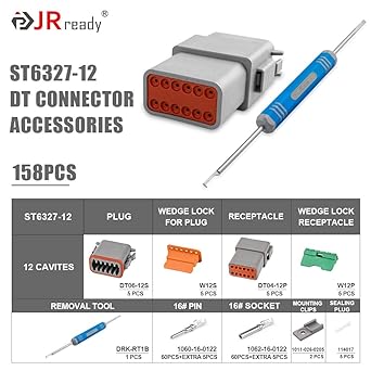 JRREADY ST6327-12 DEUTSCH 12 Pin DT connector kit gray waterproof DT connector 12 pins (5 sets) Size 16 with stamps For contact track truck motorcycle off-road marine extra sports