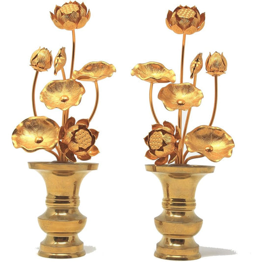 Matsuyama Shinbutsu Shop Everlasting Flower Set with Vase, Size 5, 7 Pieces, Pair of 2 Pieces, Buddha Flower, Aluminum Vase, Brass, Golden