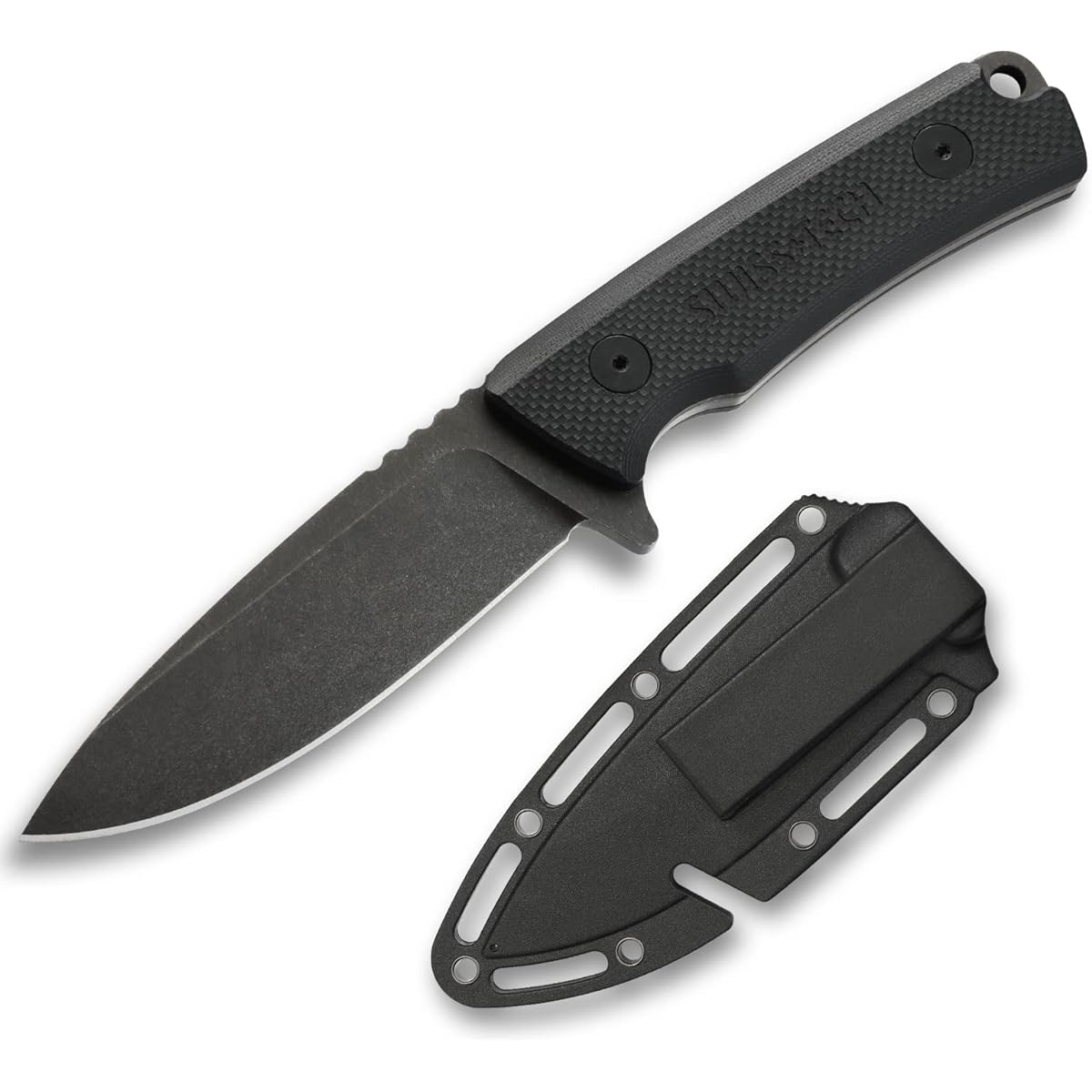 SWISS+TECH Sheath Knife, Full Tang Structure, G10 Handle, Total Length 23cm, D2 Die Steel Blade, Wood Chopping, Fishing, Climbing, Camping, Survival, Outdoor Knife [Case Included]