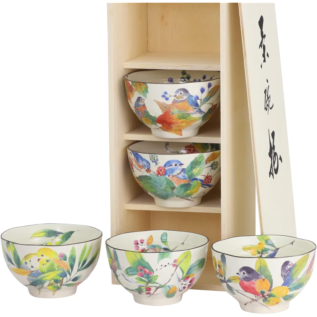 Ceramic Indigo Hyakuchidori Rice Bowl Set 5 Tea Bowls 2538 White