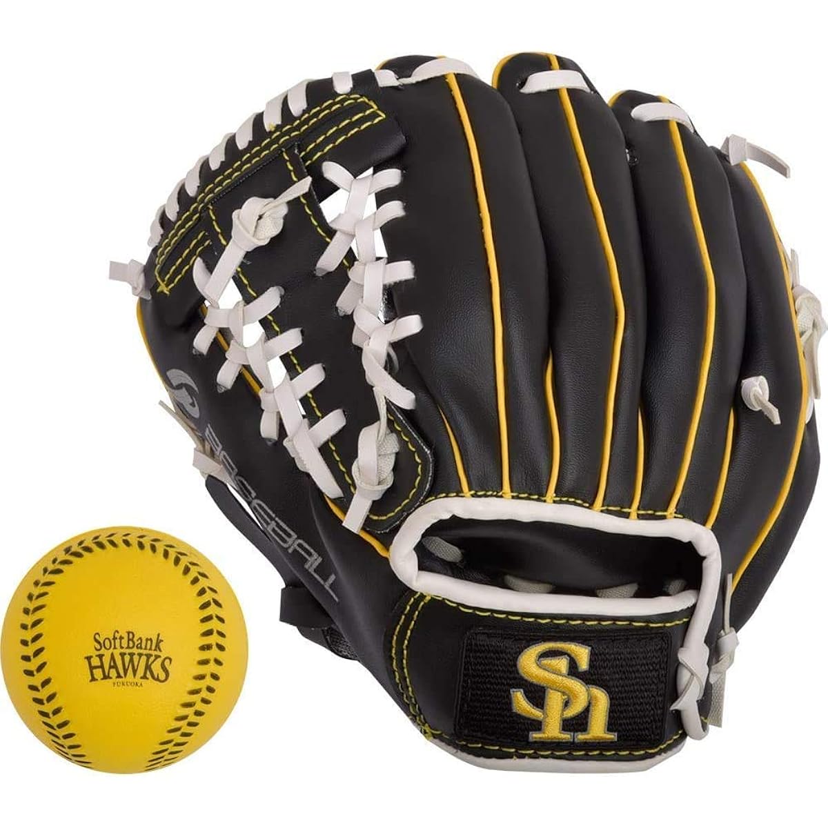 Fukuoka Softbank Hawks x GP Baseball Children's Glove Soft Ball Included For Lower Elementary School Grades 9 Inch [Black/Yellow] [Right Throw/Left Throw]