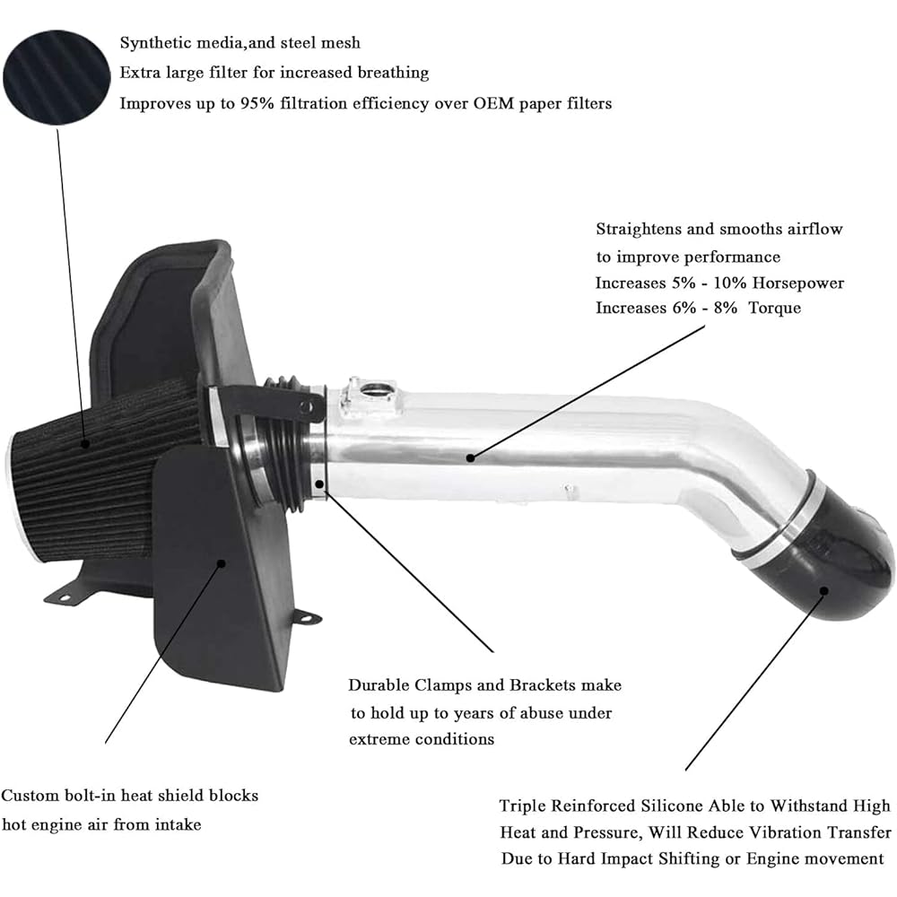 4 inch cold air intake & heat shield 09-14 Sylvarad 1500 GMC Sierra 1500 Yukon Cadillac Escalade ESV EXT Silver & Black