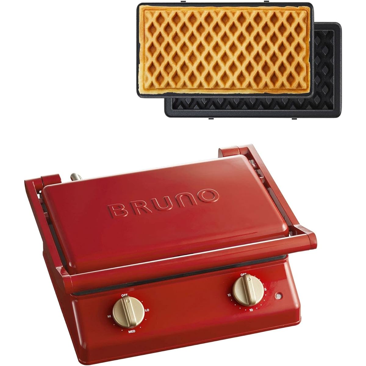 BRUNO BOE084 1703346 Bruno Grill Sand Maker Double Waffle Plate Set, Red, 8 Pieces, 6 Slices, Includes Grilled Rice Ball, Meat, Vegetables, Baked Rice Ball, Oil Tray Included, Dial Timer, Temperature