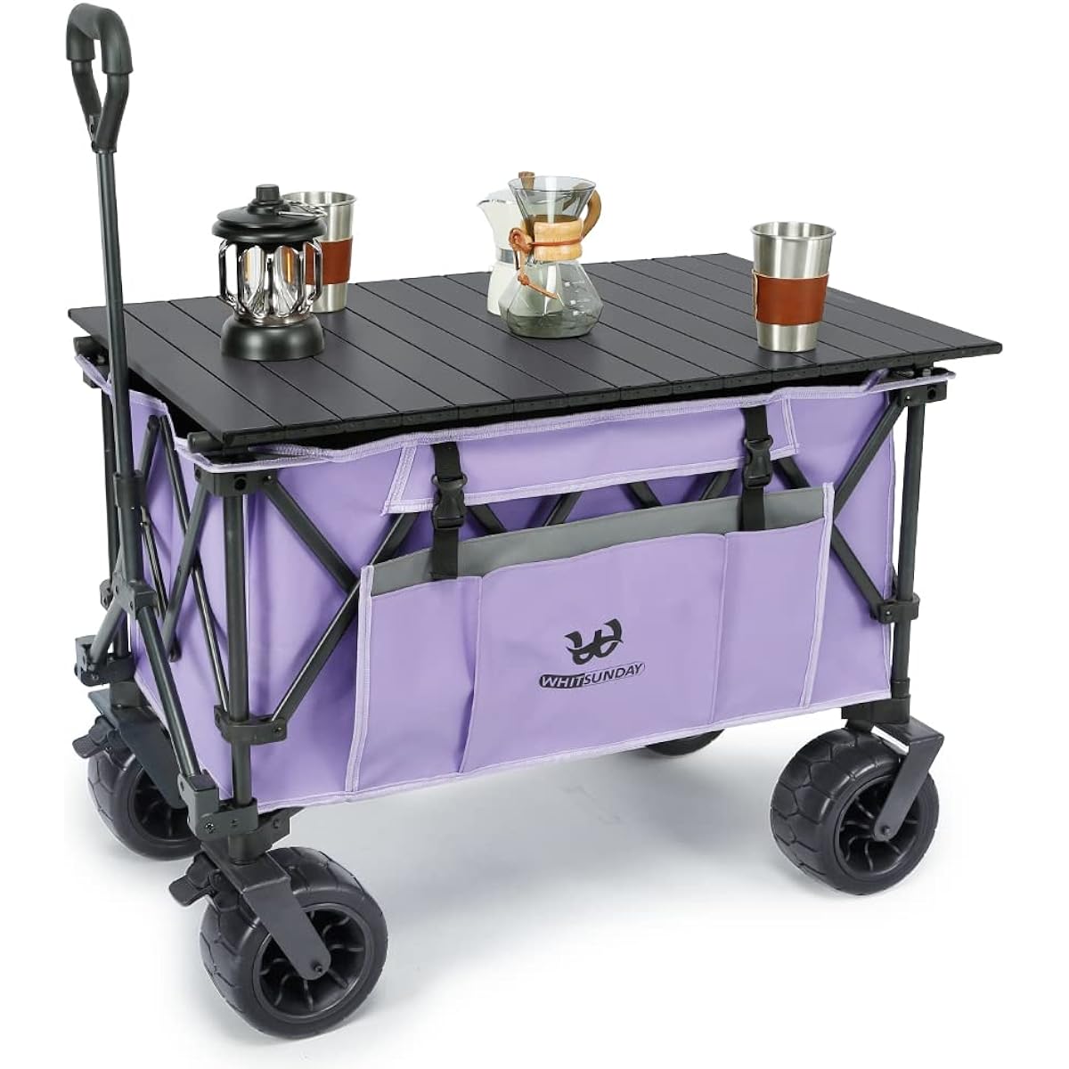 Compact Outdoor Camping Garden Foldable Heavy Duty Wagon Cart with Thick Wheels and Table Plate - Murasaki
